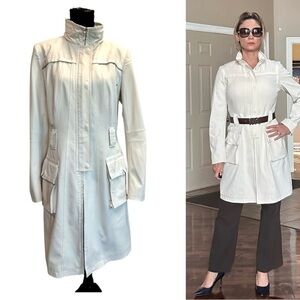 Elie Tahari ivory white hooded long sleeve midi trenchcoat